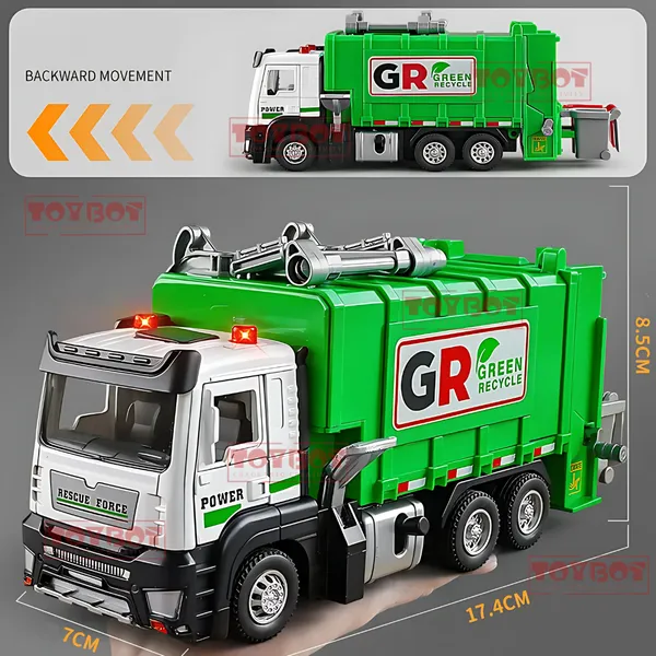 Toybot_Recycle_Garbage_Truck_Toy_with_Lights_&_Sound_|_Air_Pressure_Lift,_Trash_Cans_&_Pull_Back_Action_–_Green_Recycle_Sanitation_Truck_for_Kids