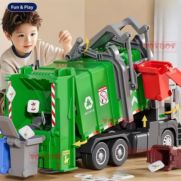 Toybot_Recycle_Garbage_Truck_Toy_with_Lights_&_Sound_|_Air_Pressure_Lift,_Trash_Cans_&_Pull_Back_Action_–_Green_Recycle_Sanitation_Truck_for_Kids