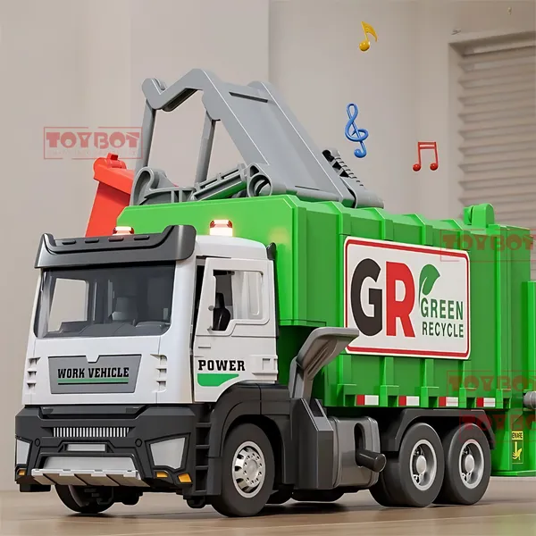 Toybot_Recycle_Garbage_Truck_Toy_with_Lights_&_Sound_|_Air_Pressure_Lift,_Trash_Cans_&_Pull_Back_Action_–_Green_Recycle_Sanitation_Truck_for_Kids
