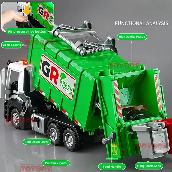 Toybot_Recycle_Garbage_Truck_Toy_with_Lights_&_Sound_|_Air_Pressure_Lift,_Trash_Cans_&_Pull_Back_Action_–_Green_Recycle_Sanitation_Truck_for_Kids