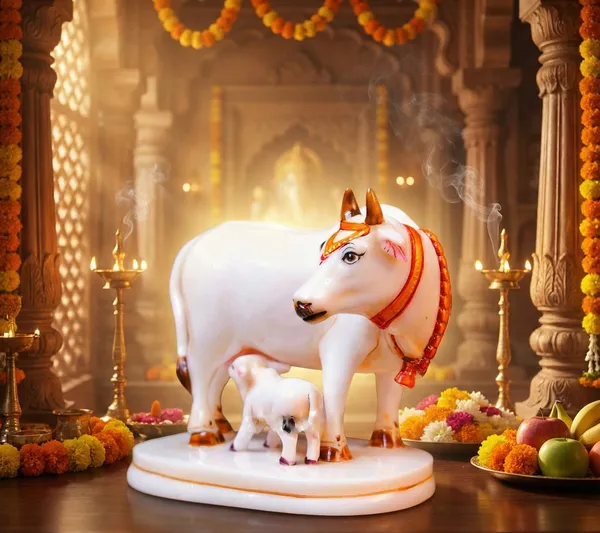White_Golden_Calf_Statue_in_Marble_Dust,_Holy_Kamdhenu_Cow_Idol,_Showpiece_for_Home_Decor,_Handmade_Divine_Cow,_Mother_Cow_with_Baby_Calf