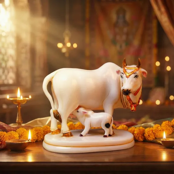 White_Golden_Calf_Statue_in_Marble_Dust,_Holy_Kamdhenu_Cow_Idol,_Showpiece_for_Home_Decor,_Handmade_Divine_Cow,_Mother_Cow_with_Baby_Calf