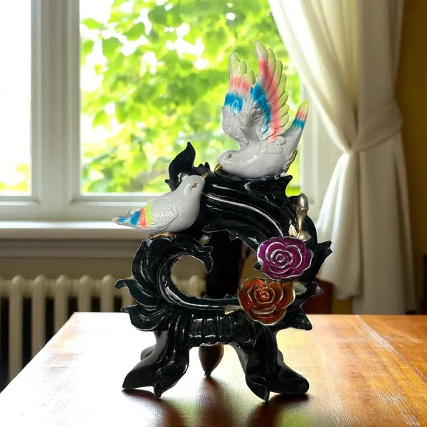 Multicolor_Birds_Pair_on_A_Rose_Flower_Tree_Stem_with_Black_Sparkle_Paint_