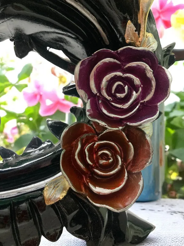 Multicolor_Birds_Pair_on_A_Rose_Flower_Tree_Stem_with_Black_Sparkle_Paint_