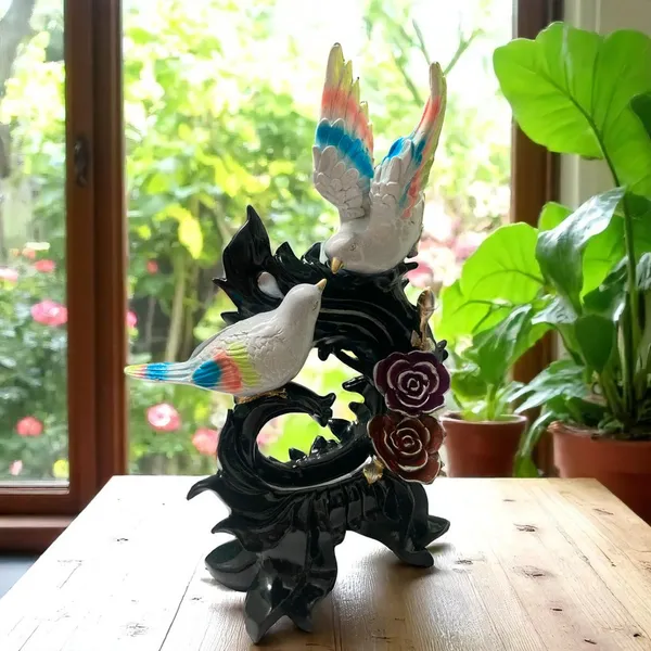 Multicolor_Birds_Pair_on_A_Rose_Flower_Tree_Stem_with_Black_Sparkle_Paint_