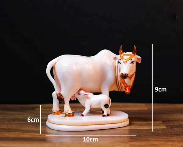 White_Golden_Calf_Statue_in_Marble_Dust,_Holy_Kamdhenu_Cow_Idol,_Showpiece_for_Home_Decor,_Handmade_Divine_Cow,_Mother_Cow_with_Baby_Calf