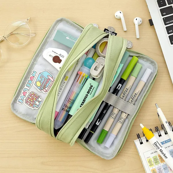 Green_Large_Capacity_Pencil_Case_with_3_Compartments_for_Girl_Boy_(21.5_X_7_X_9_Cm)