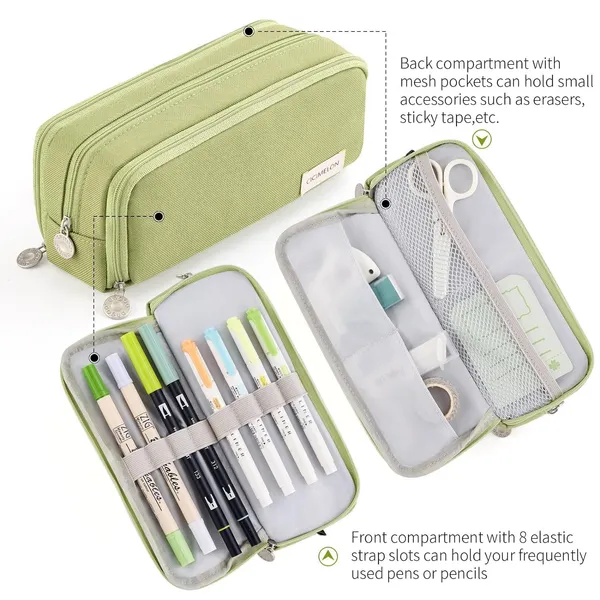 Green_Large_Capacity_Pencil_Case_with_3_Compartments_for_Girl_Boy_(21.5_X_7_X_9_Cm)