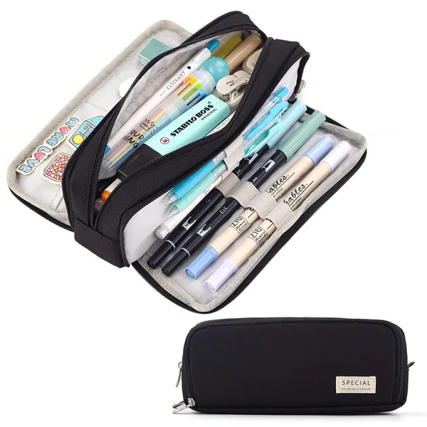 Black_Large_Capacity_Pencil_Case_with_3_Compartments_(21.5_X_7_X_9_Cm)