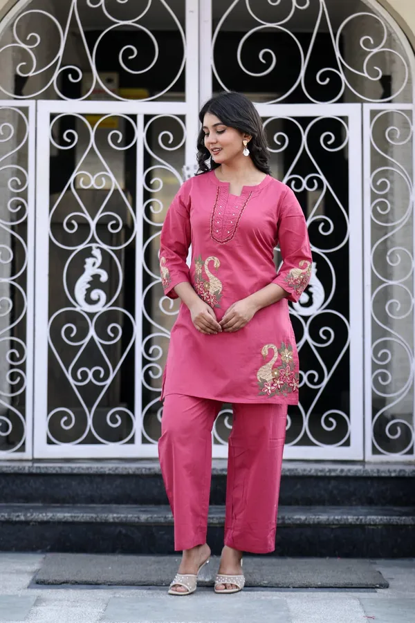Pink_Swan_Embroidered_Cotton_Short_Kurti_&_Pant_Set