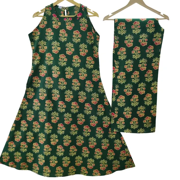A_Line_Halter_neck_Green_Cotton_Kurti_Plazo_Set