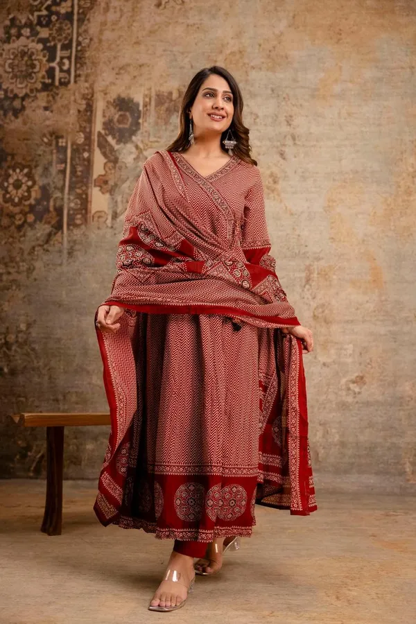 Anarkali_Printed_ZigZag_Red_Cotton_Suit_Set