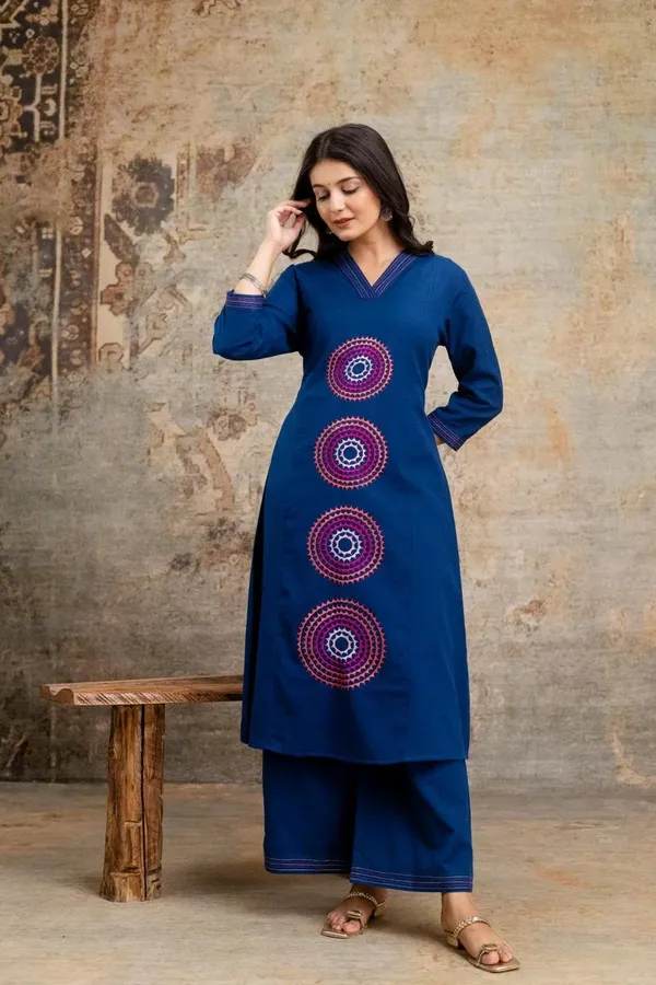 A-Line_Embroidary_Work_Blue_Cotton_Kurti_Plazo