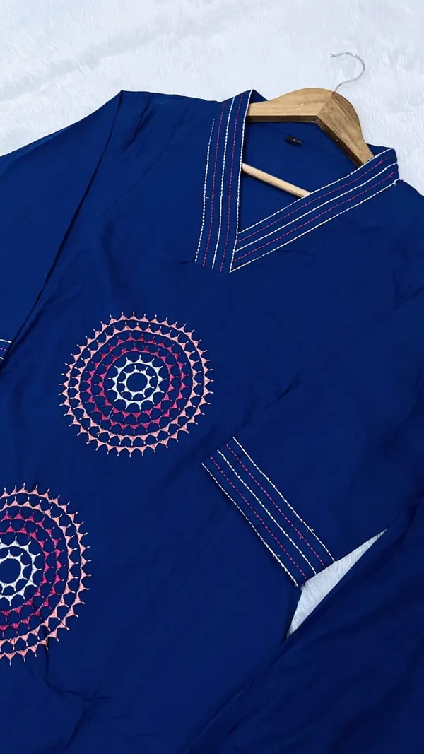 A-Line_Embroidary_Work_Blue_Cotton_Kurti_Plazo