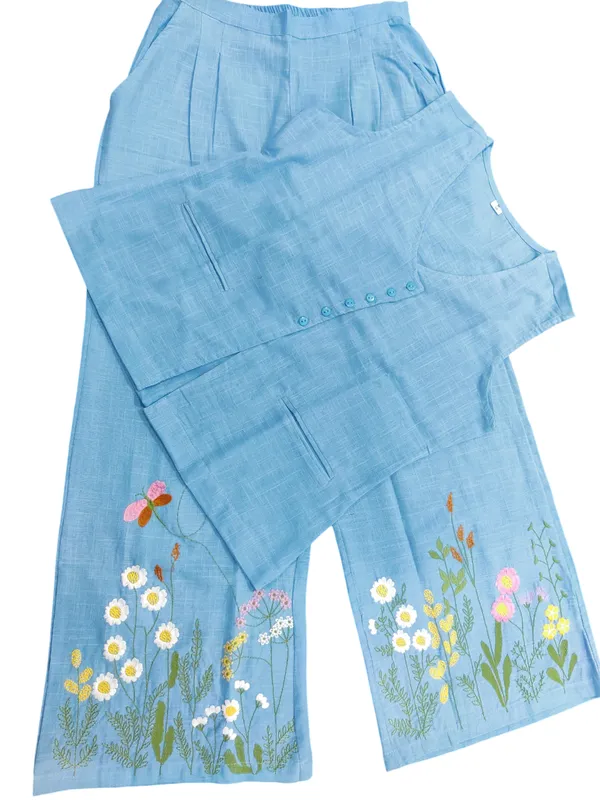 Embroidary_Work_Cotton_Slub_Turquoise_Co_ord_Set