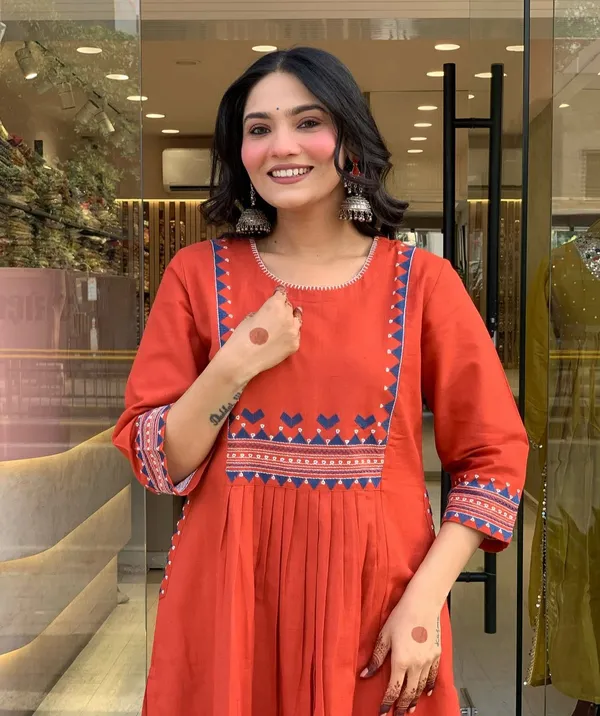 Embroidery_Work_Orange_Color_Cotton_Kurti_Pant_Set