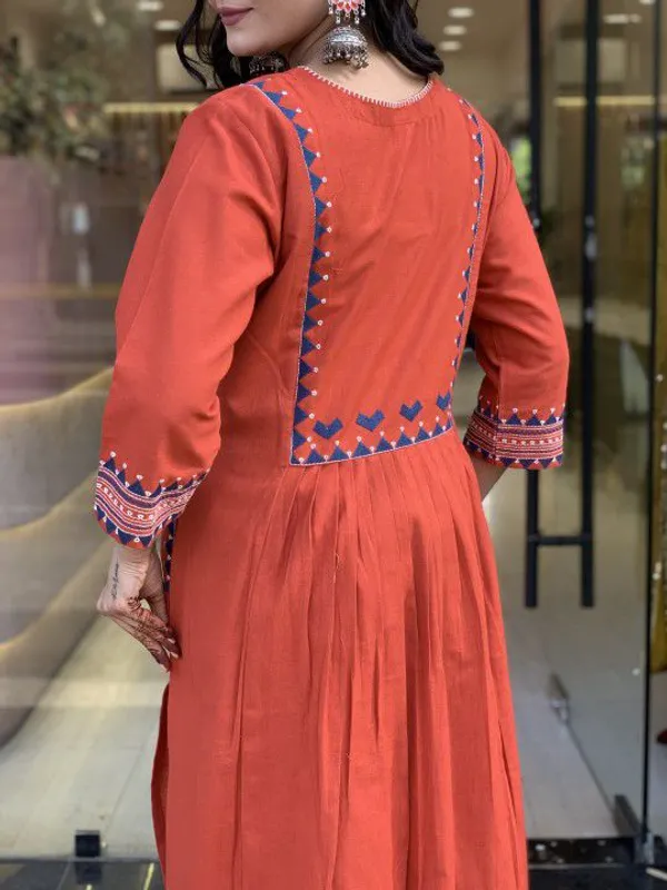 Embroidery_Work_Orange_Color_Cotton_Kurti_Pant_Set