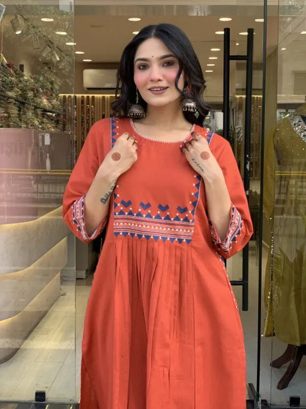 Embroidery_Work_Orange_Color_Cotton_Kurti_Pant_Set