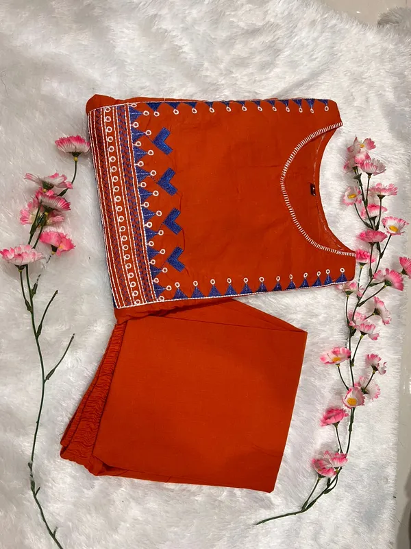 Embroidery_Work_Orange_Color_Cotton_Kurti_Pant_Set