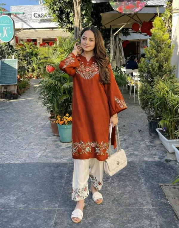 Embroidery_Work_Rust_Color_Cotton_Kurti_Plazo_Set