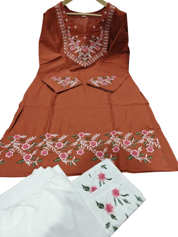 Embroidery_Work_Rust_Color_Cotton_Kurti_Plazo_Set
