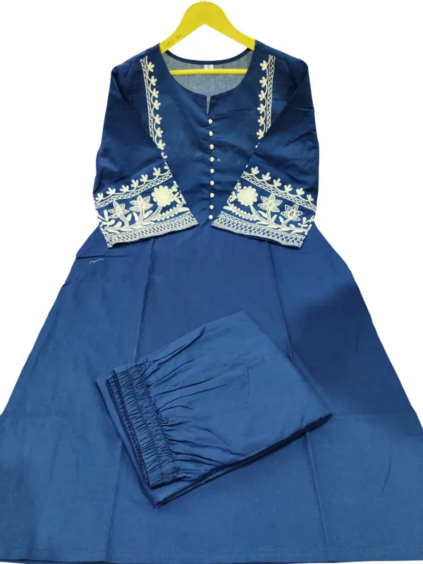 Aari_Work_Blue_Cotton_Kurti_Plazo_Set