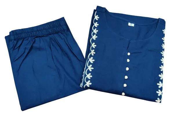Aari_Work_Blue_Cotton_Kurti_Plazo_Set