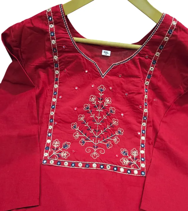 Embroidery_Work_Red_Color_Cotton_Kurti_Pant_Dupatta_Set
