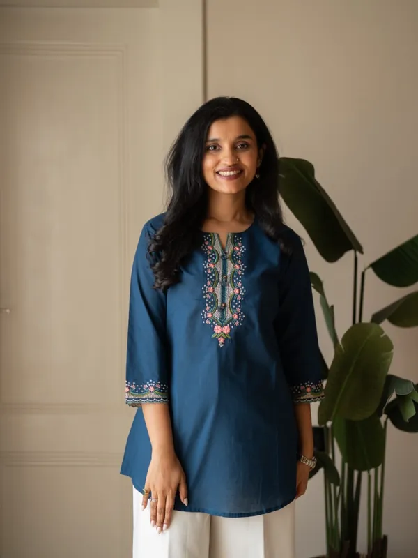 Embroidery_Work_Blue_Cotton_Top_Set