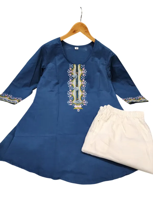 Embroidery_Work_Blue_Cotton_Top_Set