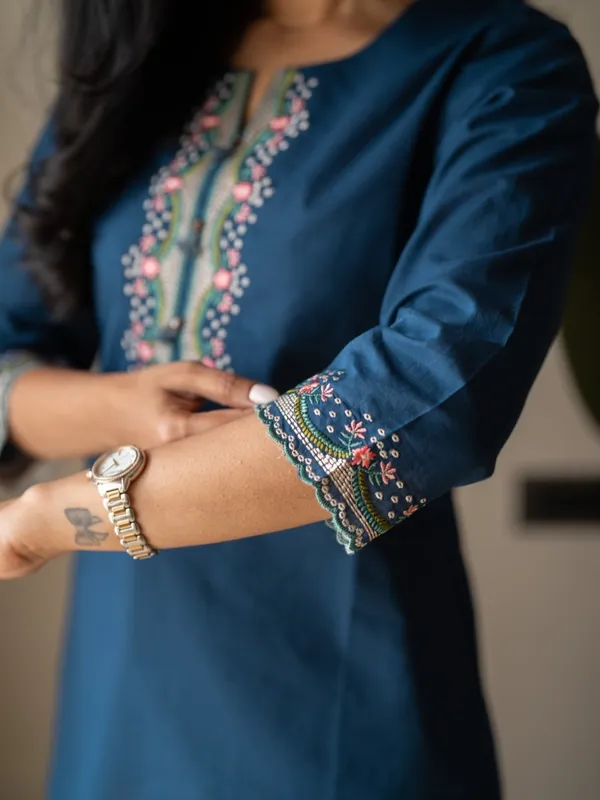 Embroidery_Work_Blue_Cotton_Top_Set
