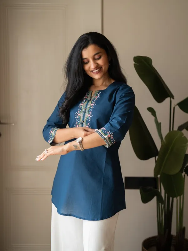 Embroidery_Work_Blue_Cotton_Top_Set