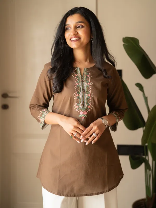 Embroidery_Work_Brown_Cotton_Top_Set