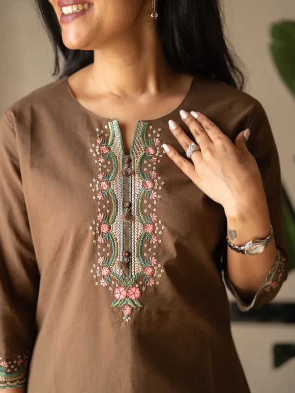 Embroidery_Work_Brown_Cotton_Top_Set