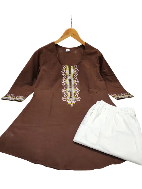 Embroidery_Work_Brown_Cotton_Top_Set