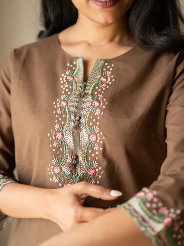 Embroidery_Work_Brown_Cotton_Top_Set