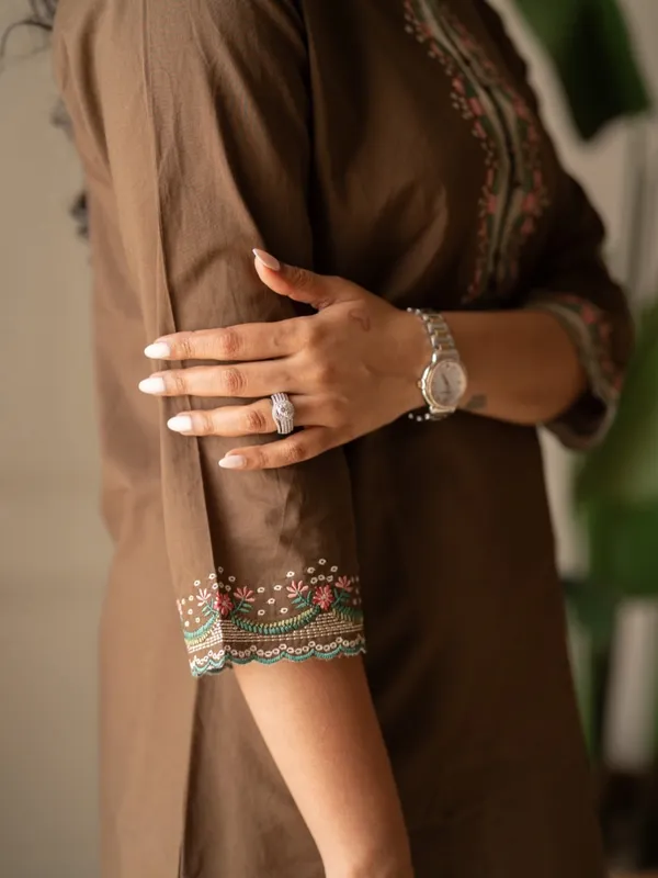 Embroidery_Work_Brown_Cotton_Top_Set