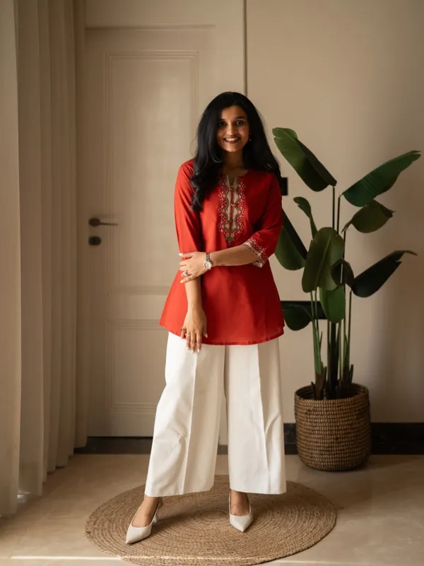 Embroidery_Work_Red_Cotton_Top_Set