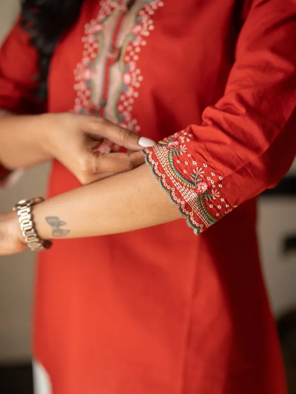 Embroidery_Work_Red_Cotton_Top_Set