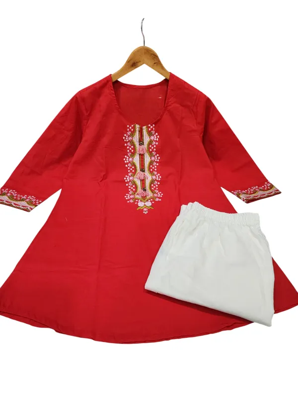 Embroidery_Work_Red_Cotton_Top_Set