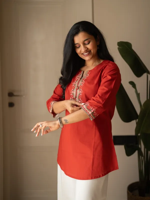 Embroidery_Work_Red_Cotton_Top_Set
