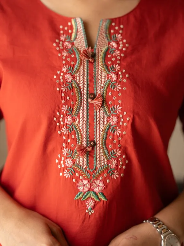 Embroidery_Work_Red_Cotton_Top_Set