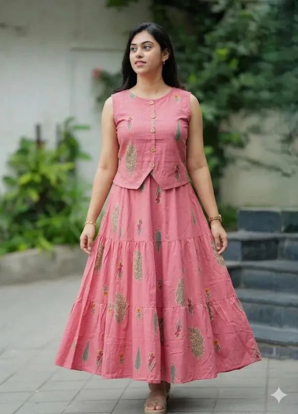 Printed_Peach_Color_Cotton_Skirt_Top