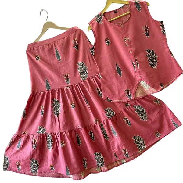 Printed_Peach_Color_Cotton_Skirt_Top
