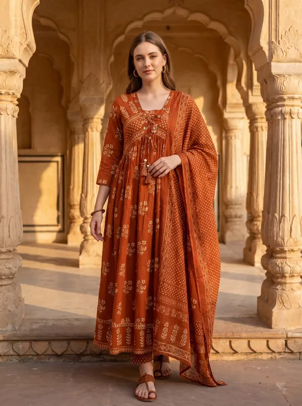 Anarkali_Rust_Color_Printed_Cotton_Suit_Set