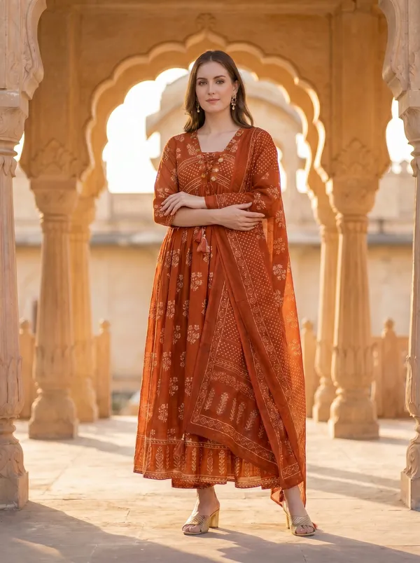 Anarkali_Rust_Color_Printed_Cotton_Suit_Set