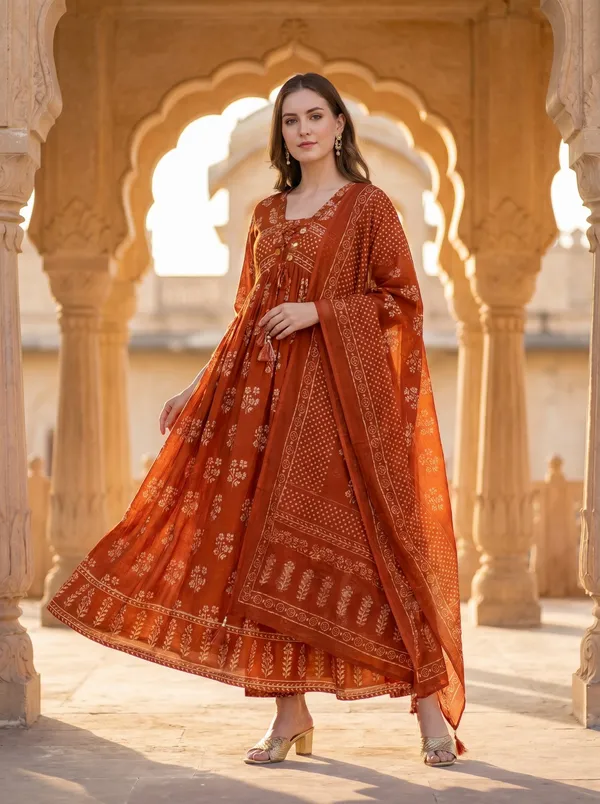 Anarkali_Rust_Color_Printed_Cotton_Suit_Set