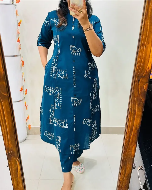 Printed_Blue_Cotton_Kurti_Plazo_Set