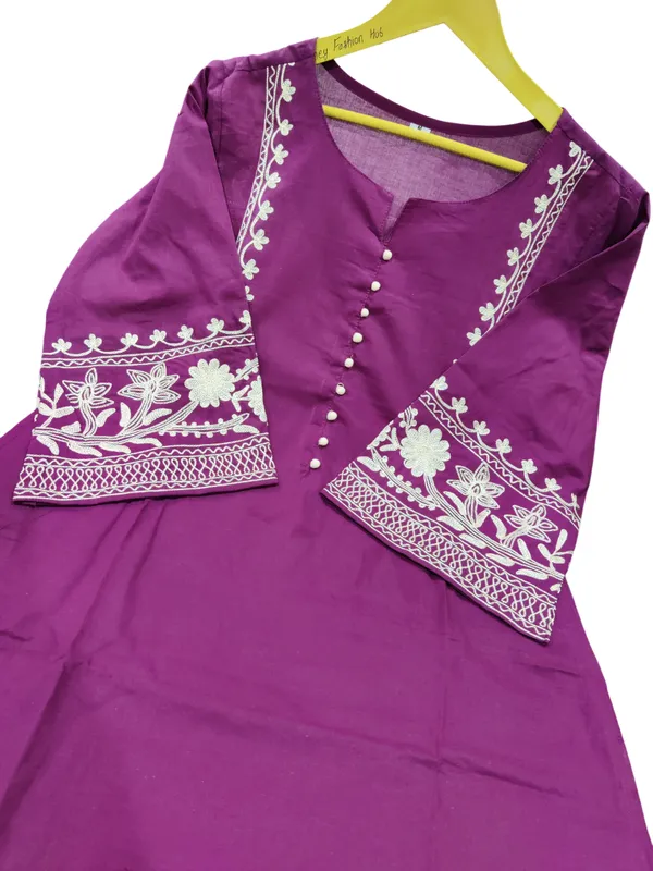 Aari_Work_Wine_Cotton_Kurti_Plazo_Set