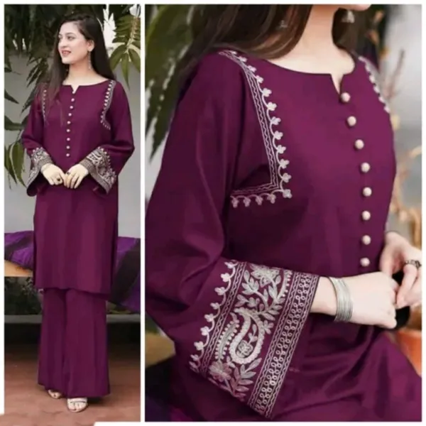 Aari_Work_Wine_Cotton_Kurti_Plazo_Set